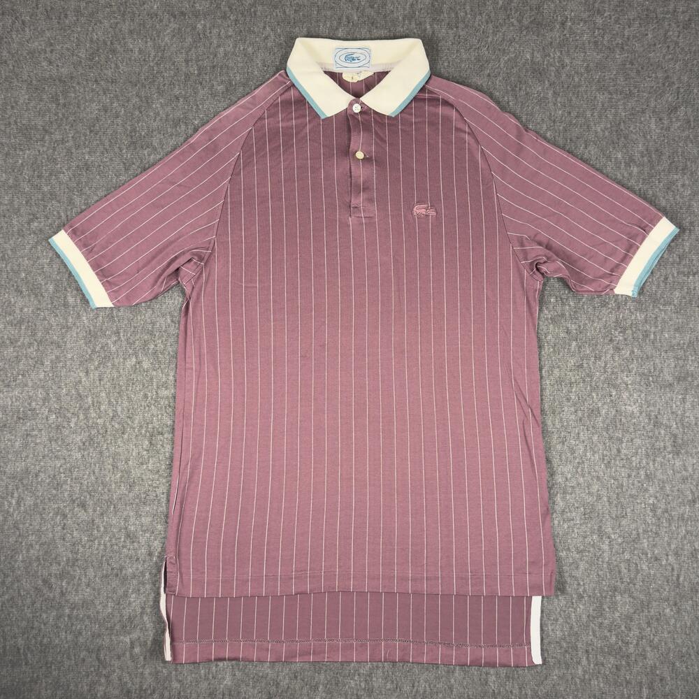 Vintage Lacoste Polo Shirt Mens Medium Purple Pinstripe Cotton Made In Japan 80s